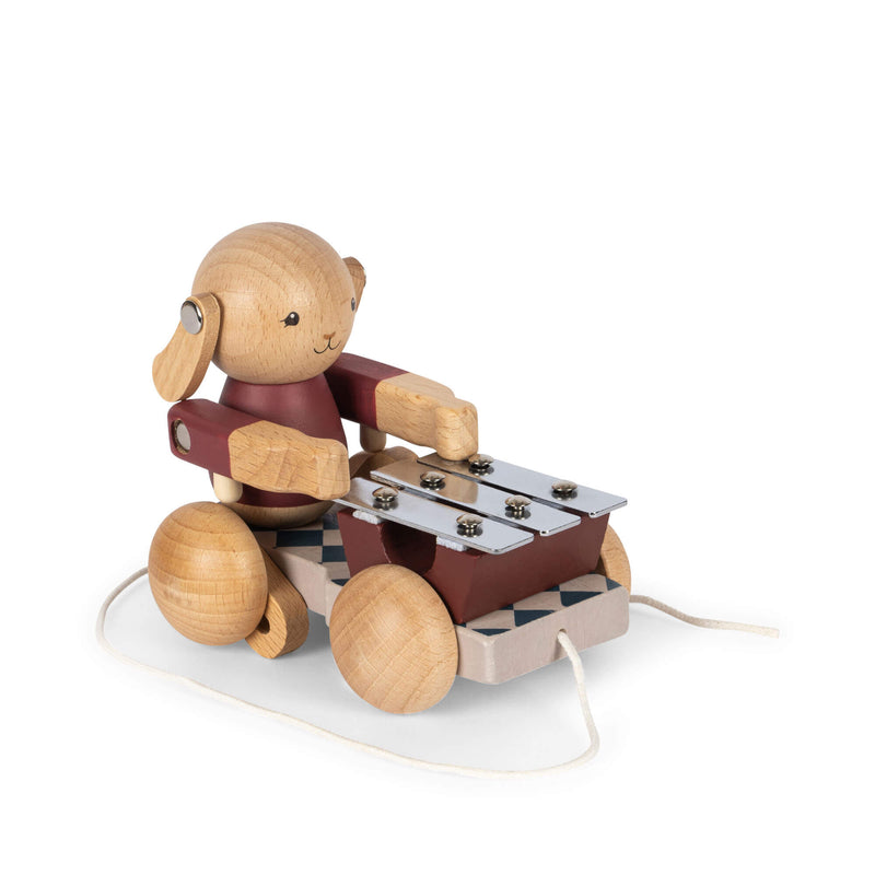 WOODEN PULL BUNNY MUSIC FSC-BELL BOY RED