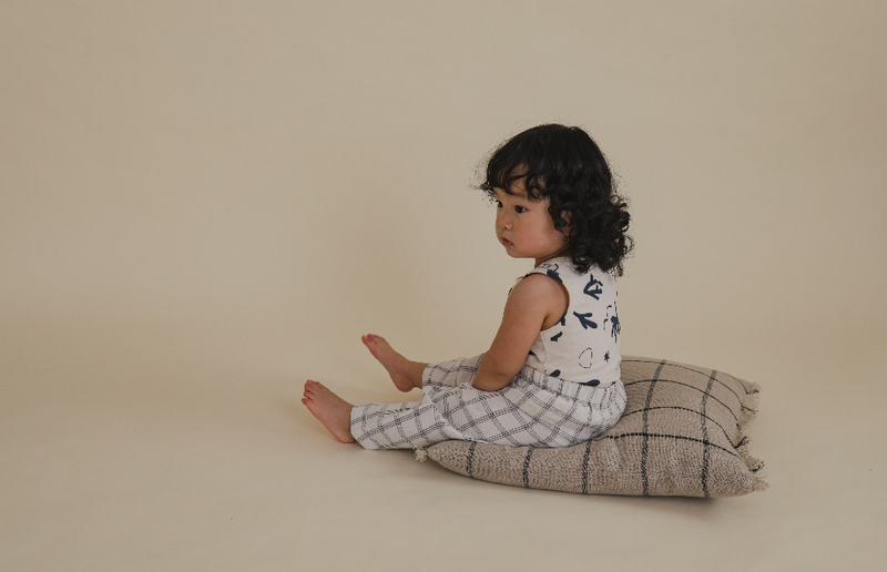 Navy Window Check Wide Leg Pants