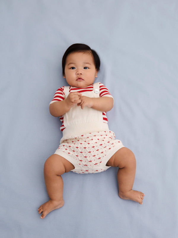 BABY OVERALL BLOOMERS-ECRU/BRIGHT RED